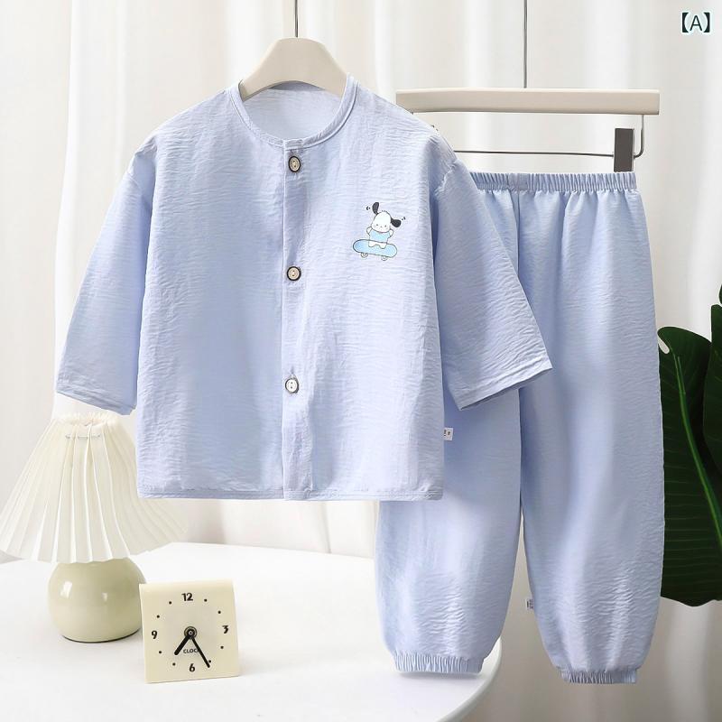 ルームウェアセット キッズ 男女兼用 前開き セットアップ 薄手 夏用 子供服 パジャマ コットン混 七分袖 九分丈 通気性 吸汗性 涼しい 寝巻き 部屋着 お泊まり会 通園 通学 動きやすい おしゃれ