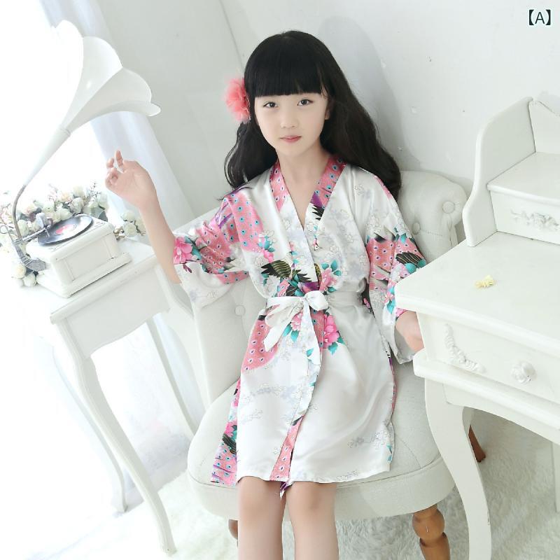 子供用パジャマ キッズ 女の子 ガウン 和風 バスローブ ルームウェア シルク調 孔雀柄 浴衣風 薄手 長袖 部屋着 お風呂上がり 吸水 速乾 寝巻き 夏用 通気性 子供服 プレゼント ギフトに最適