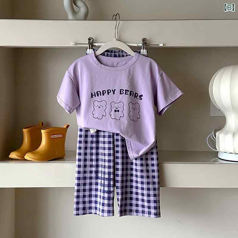 kbox楽天市場店のパジャマ キッズ 子供服 コットン素材 夏用 半袖 長ズボン 上下セット 男の子 女の子 部屋着 ルームウェア かわいい 親子コーデ 通気性 柔らかい 肌触り 吸湿性 涼しい お昼寝 夏休み お泊まり用｜アングル2