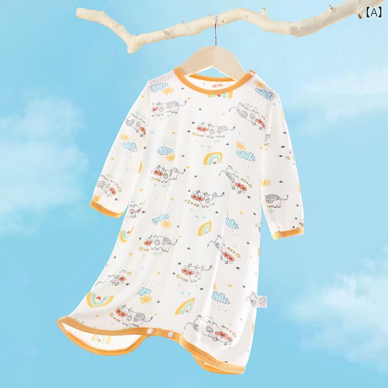 乐天商城 - パジャマ キッズ 子供服 ルームウェア ワンピース 長袖 天シルク風 モダール素材 薄手 通気性 吸汗 速乾 寝巻き 男の子 女の子 部屋着 快適着心地 柔らかい 肌触り 子供用 ロング丈 寝間着