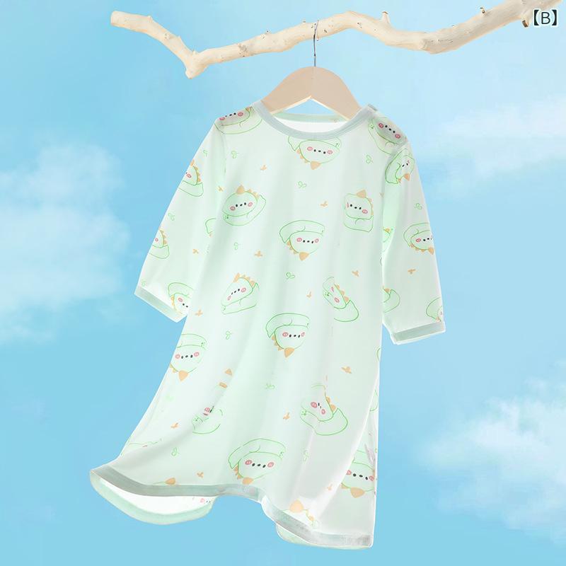 kbox楽天市場店のパジャマ キッズ 子供服 ルームウェア ワンピース 長袖 天シルク風 モダール素材 薄手 通気性 吸汗 速乾 寝巻き 男の子 女の子 部屋着 快適着心地 柔らかい 肌触り 子供用 ロング丈 寝間着｜アングル2