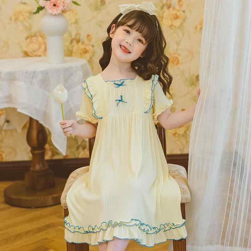 パジャマ キッズ 女児 半袖 ワンピース コットン素材 ルームウェア 夏用 薄手 子供服 女の子 おしゃれ かわいい こども服 涼しい 吸汗 通気性 部屋着 寝間着 公主風 ふんわり 動きやすい おやすみ着
