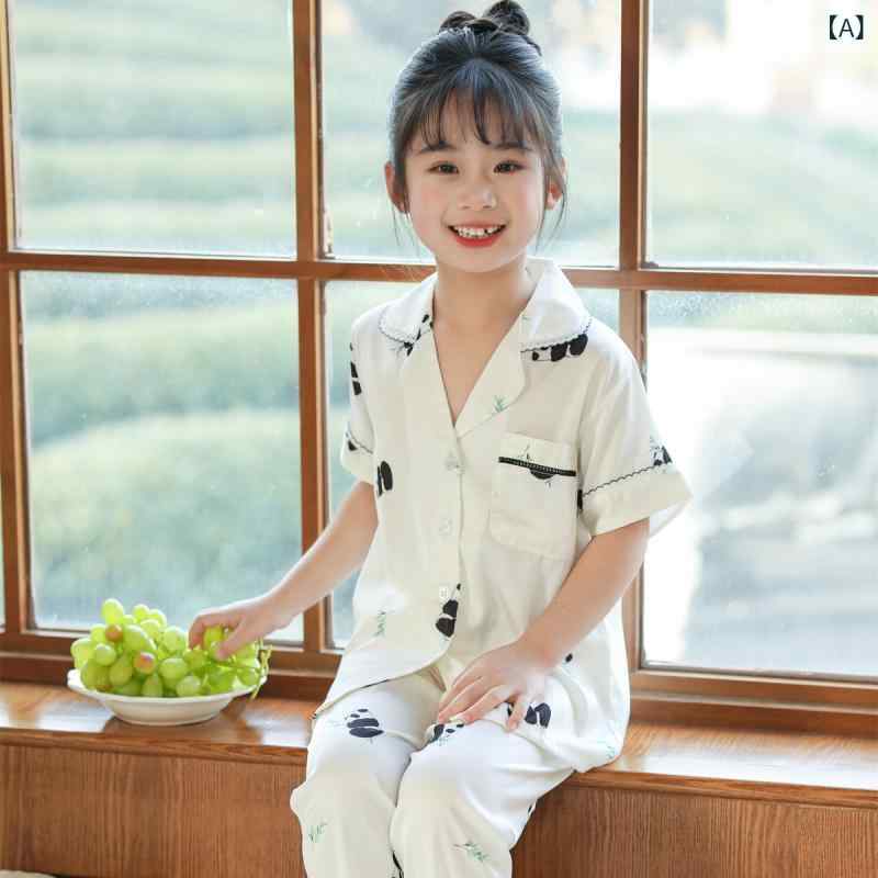 パジャマ キッズ 女の子 セットアップ 半袖 長ズボン シルク風 熊猫柄 サテン ルームウェア 子供服 寝巻き 部屋着 前開き 通気性 薄手 吸汗 動きやすい 肌触り 快適 夏服 90110文字