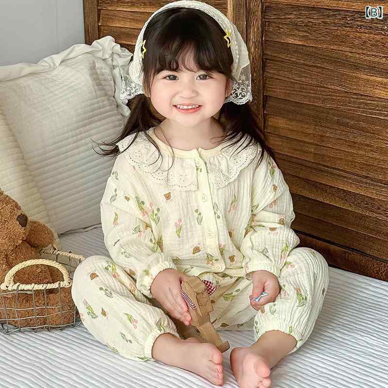 パジャマ キッズ 子供服 ガーゼ 長袖 上下セット コットン素材 部屋着 ルームウェ...