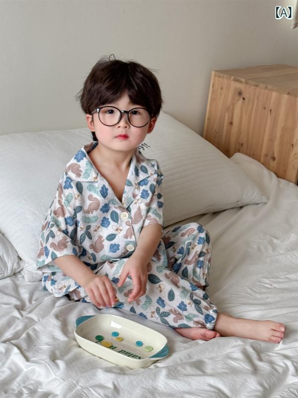 Rakuten - パジャマ キッズ 子供服 セットアップ 上下セット 半袖 長ズボン 竹繊維 コットン素材 通気性 吸汗速乾 部屋着 寝巻き ベビー 男の子 女の子 ルームウェア 春夏 快適 洗い替え 通学 遊び着
