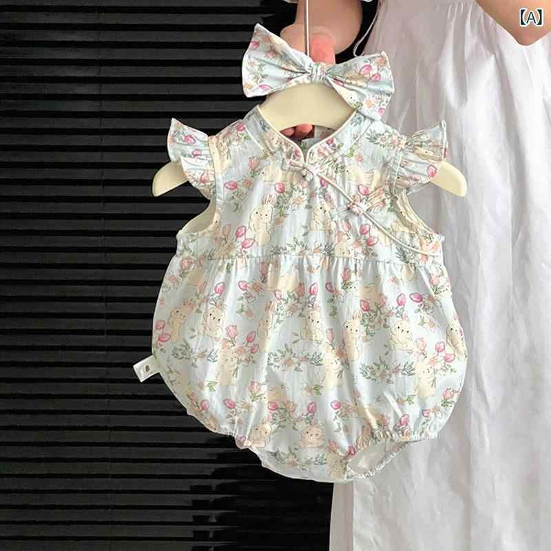 乐天商城 - ベビー服 女の子 ロンパース 夏用 チャイナ風 旗袍 半袖 フリル袖 赤ちゃん服 通気性 コットン素材 肌触り抜群 部屋着 出産祝い お出かけ 涼しい つなぎ服