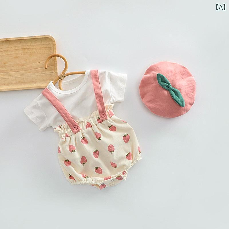 ベビー服 女の子 ロンパース いちご柄 サロペット風 帽子セット コットン混 柔らかい かわいい 赤ちゃん 長袖 カバーオール 肌触り良い 出産祝い 贈り物 プレゼント ギフト 春秋