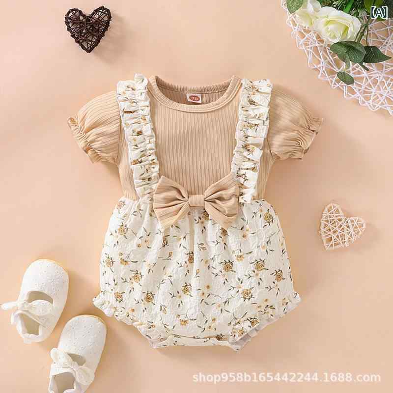 ロンパース ベビー服 女の子 半袖 カバーオール 股下ボタン 花柄 重ね着風 コット...