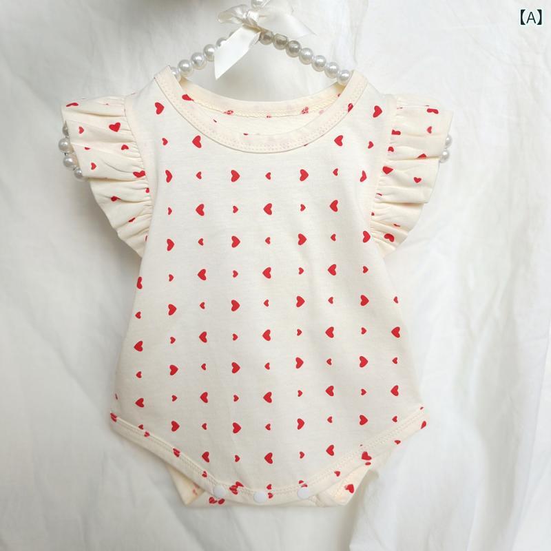 ベビーロンパース 女の子 ベビー服 赤ちゃん ハート柄 半袖 カバーオール ノースリーブ フリル襟 コットン素材 夏用 出産祝い 肌着 新生児 快適 通気性 柔らかい 涼しい お着替え簡単 股下スナップボタン付き