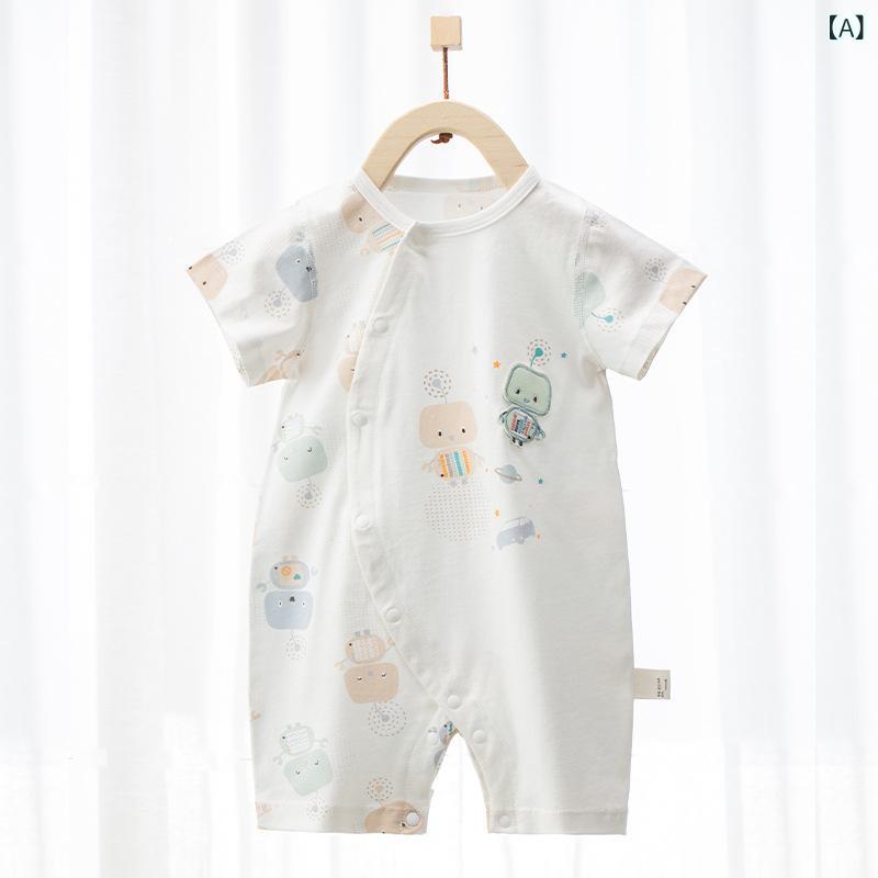 Rompers, Bodysuits - ロンパース ベビー服 半袖 夏用 コットン素材 カバーオール 新生児 赤ちゃん 部屋着 前開き 通気性 着替えやすい 肌着 パジャマ 幼児 出産祝い ギフト