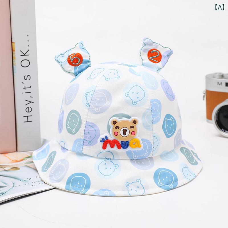 乐天商城 - ハット キッズ ベビー 帽子 コットン素材 クマ柄 かわいい つば広 折りたたみ 日よけ 紫外線対策 通気性 持ち運び便利 男の子 女の子 春夏秋 お出かけ 通園 公園遊び 快適に被れる軽量