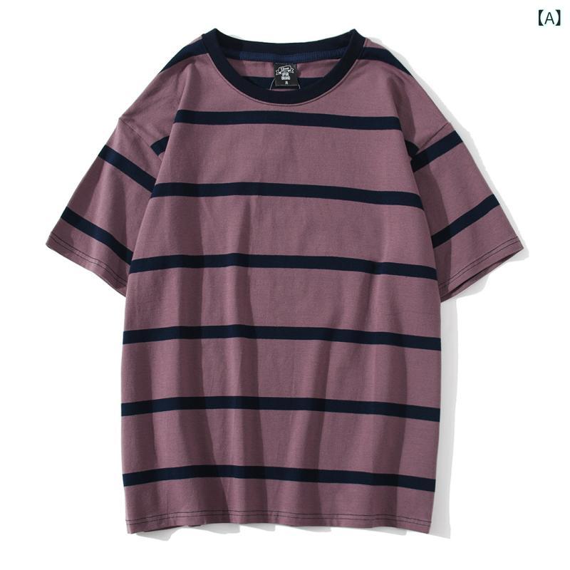 Rakuten - Tシャツ メンズ 半袖 ボーダー カジュアル カットソー トップス コットン混素材 襟付き ゆったりサイズ 動きやすい インナー スポーツ 部屋着 ルームウェア 夏服 快適 吸汗 通気性 耐久性 ストライプ クルーネック