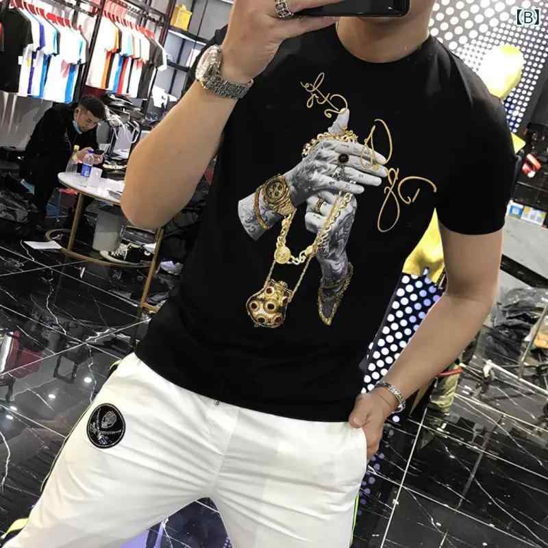kbox楽天市場店のTシャツ メンズ 半袖 カットソー トップス プリント 飾りストーン スリムフィット ストレッチ素材 カジュアル クルーネック 通気性 動きやすい 普段着 夏服 通学 通勤 伸縮性抜群 黒 白｜アングル2