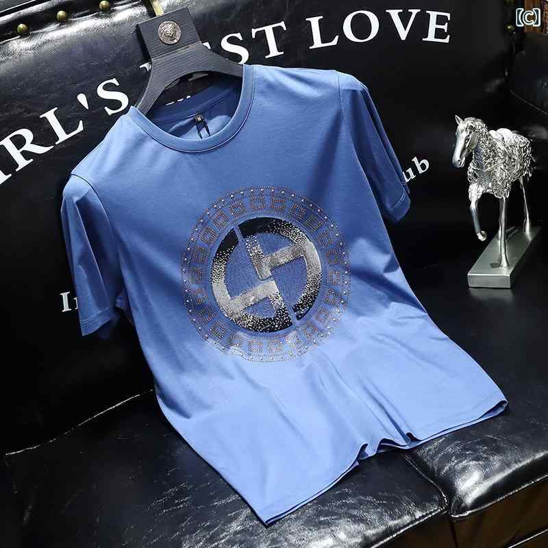 kbox楽天市場店のTシャツ メンズ 半袖 カットソー トップス プリント 飾りストーン スリムフィット ストレッチ素材 カジュアル クルーネック 通気性 動きやすい 普段着 夏服 通学 通勤 伸縮性抜群 黒 白｜アングル3