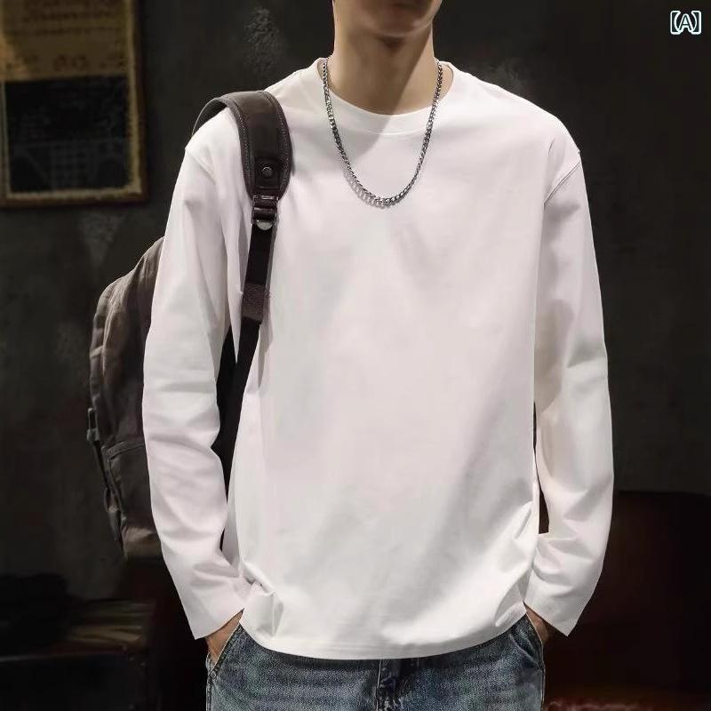 T-Shirts - Tシャツ メンズ 長袖 綿混 カットソー トップス 丸首 クルーネック 無地 インナー 春秋服 シンプル カジュアル 重ね着 着回し 動きやすい