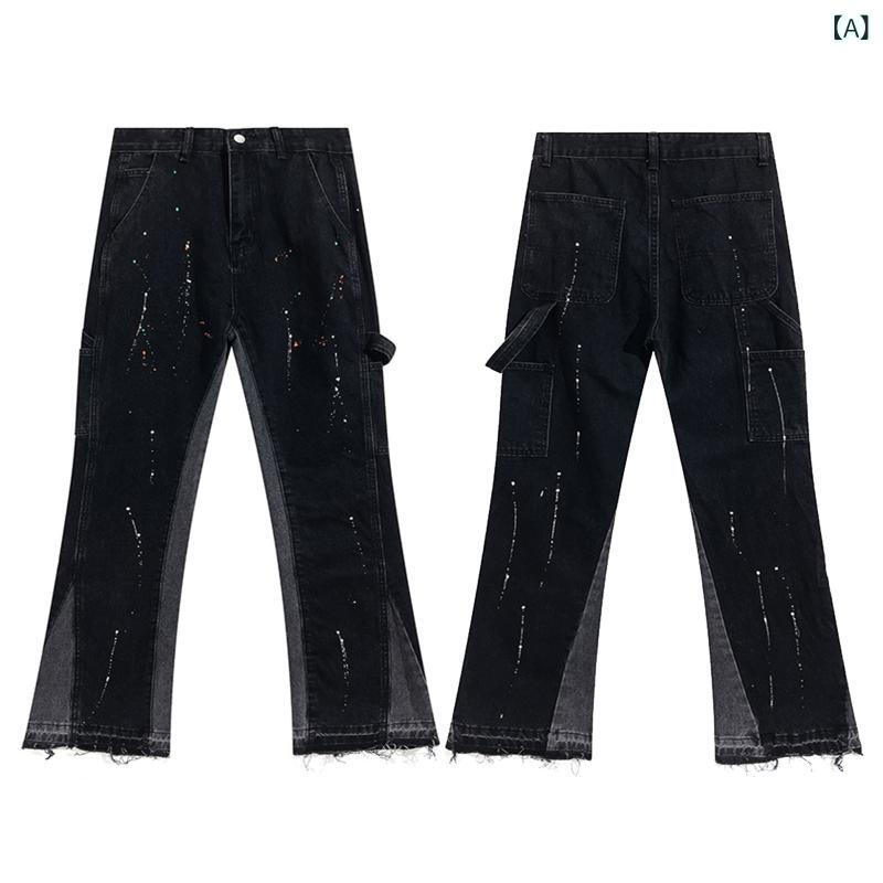 乐天商城 - デニムパンツ メンズ ワイド ダメージ加工 泼墨 ペイント ストレートジーンズ ストリート系 ジーパン カジュアル ゆったり シルエット 体型カバー 動きやすい ヴィンテージ風 ロング丈 ズボン