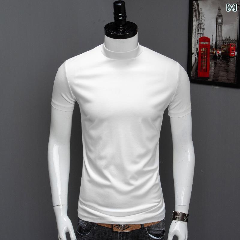 Tシャツ メンズ 半袖 ハイネック コットン素材 無地 インナー トップス ストレッチ...