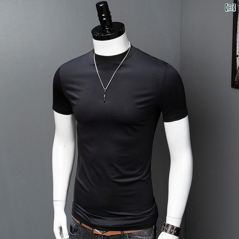 Tシャツ メンズ 半袖 ハイネック コットン素材 無地 インナー トップス ストレッチ...