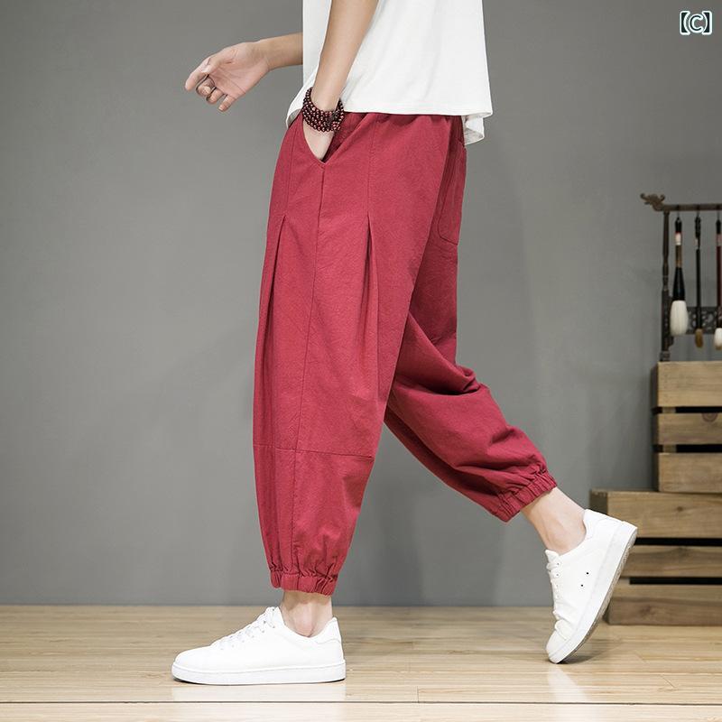 ロングパンツ メンズ コットンリネン テーパードパンツ イージーパンツ 束脚 ジョ...