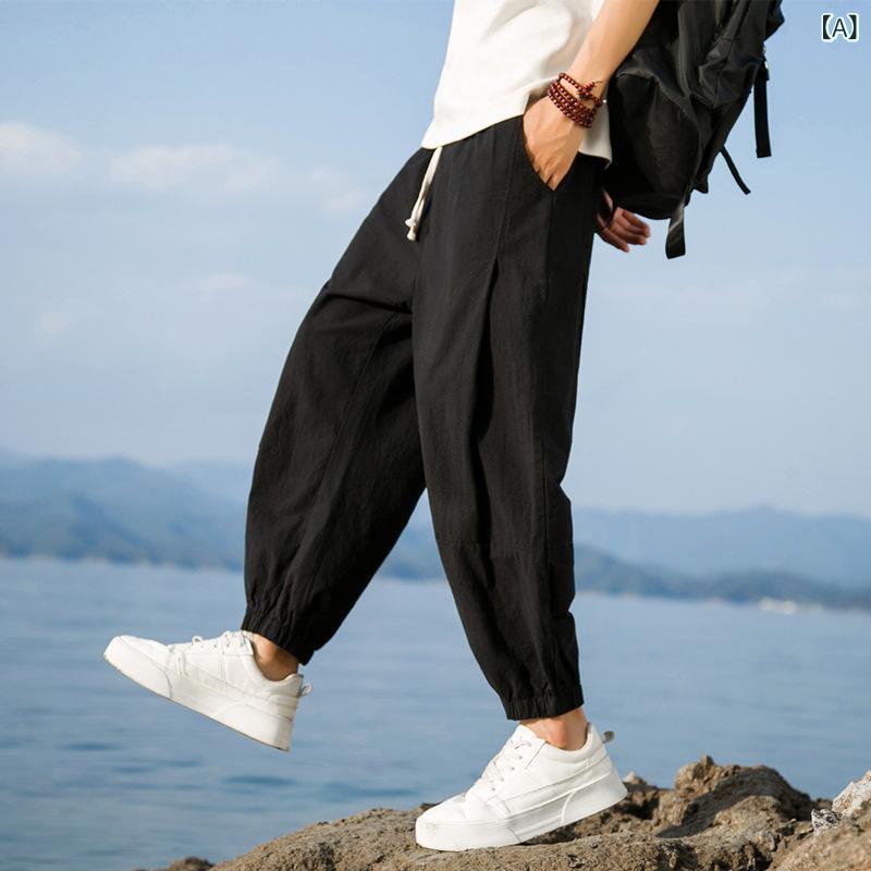 樂天商城 - サルエルパンツ メンズ 綿麻 九分丈 テーパードパンツ 夏用 通気性 リネン混 涼しい 裾絞り 部屋着 ゆったり イージーパンツ ウェストゴム 無地 大きいサイズ 履きやすい お出かけ シンプル