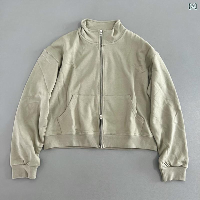 Parka - トレーナー レディース ジップアップパーカー コットン素材 スタンドカラー ゆったりシルエット 長袖 羽織り アウター 重ね着しやすい 部屋着 お出かけ スポーツ シンプル 無地 柔らかい