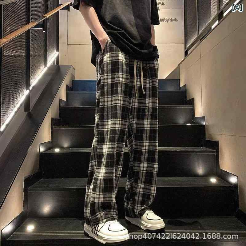 ロングパンツ メンズ チェック柄 ワイドパンツ ストレートパンツ ボトムス ゆった...