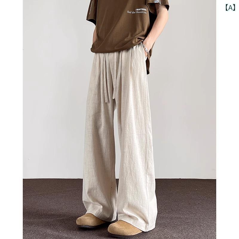 ロングパンツ メンズ コットン素材 夏用 薄手 ワイドパンツ ゆったり ストレート ...