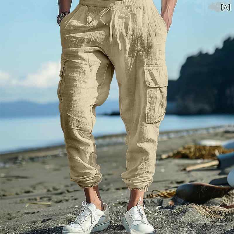 カーゴパンツ メンズ ロングパンツ ズボン 綿麻素材 ワイドシルエット マルチポケ...