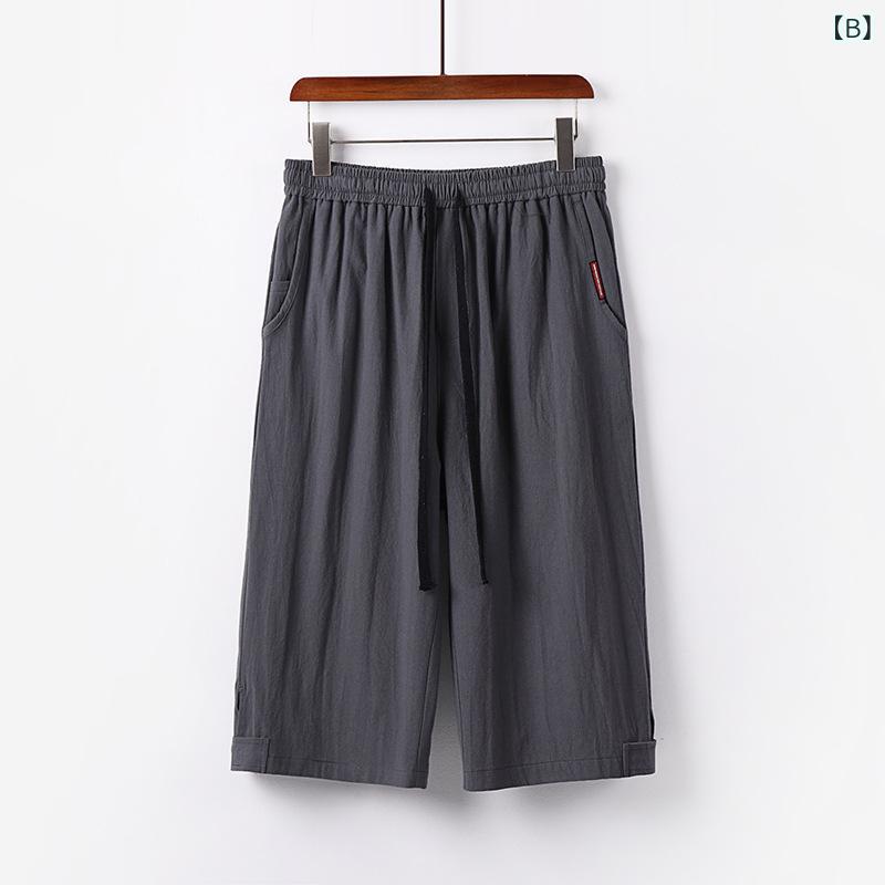 ショートパンツ メンズ コットンリネン ハーフパンツ ワイドパンツ 7分丈 クロップ...