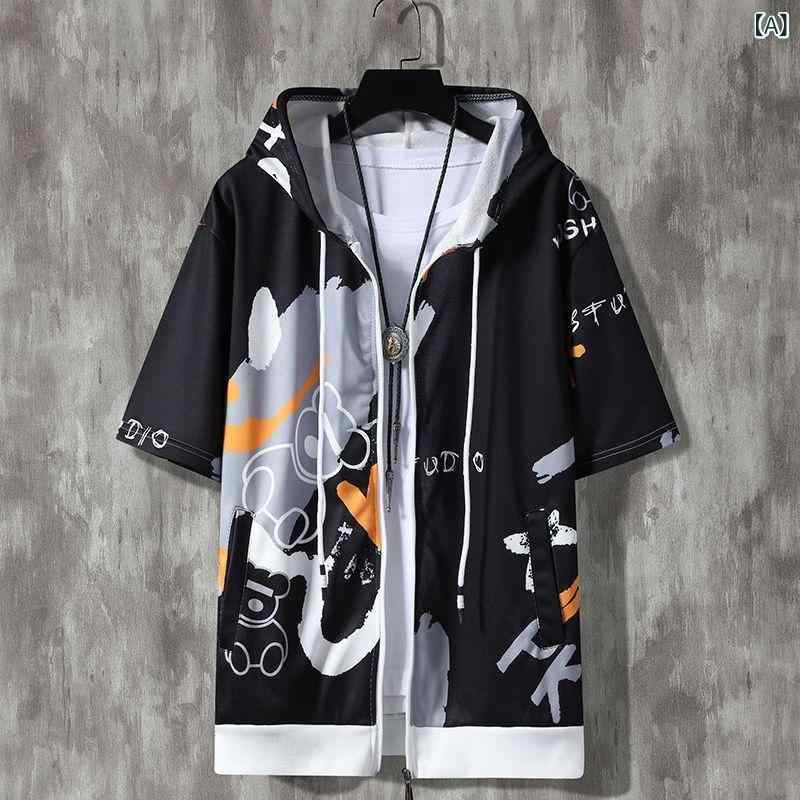 樂天商城 - パーカー メンズ 半袖 フーディー プルオーバー トップス 重ね着風 ゆったり 体型カバー カジュアル スポーツ ウェア 通気性 速乾 運動用 ルームウェア お出かけ 散歩用 動きやすい