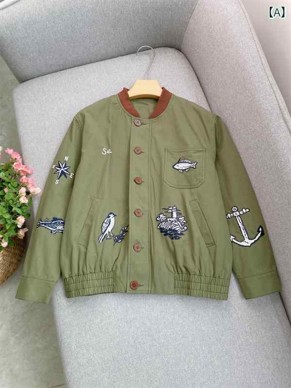 Rakuten - ブルゾン レディース 刺繡 棒球服 コーデュロイ襟 ヴィンテージ風 ミリタリージャケット アウター 重厚感 ワークウェア 動きやすい カジュアル 秋冬 羽織り 通学 通勤 防寒 おしゃれ ゆったり 体型カバー