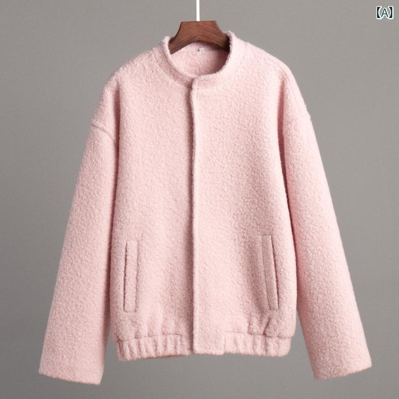 ジャケット レディース ピンク ボアブルゾン ショート丈 スタンドカラー 秋冬 厚手 防寒 アウター 羽織り もこもこ素…