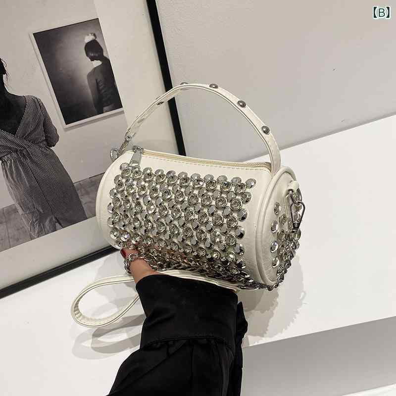 ショルダーバッグ レディース 2way チェーンバッグ 円筒形 キラキラ ラインストー...