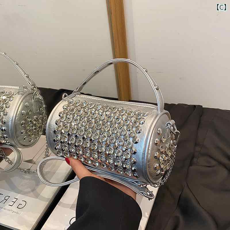 ショルダーバッグ レディース 2way チェーンバッグ 円筒形 キラキラ ラインストー...