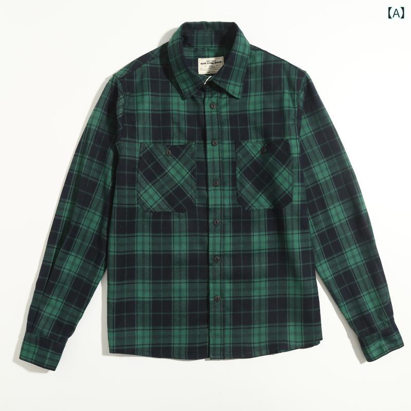 Casual Shirts - シャツ メンズ チェック柄 長袖 厚手 ワークシャツ カジュアルシャツ ビッグシルエット 胸ポケット付き アメカジ レトロ ネルシャツ ヴィンテージ風 重ね着 羽織り ストリートコーデ オールシーズン 着回しやすい