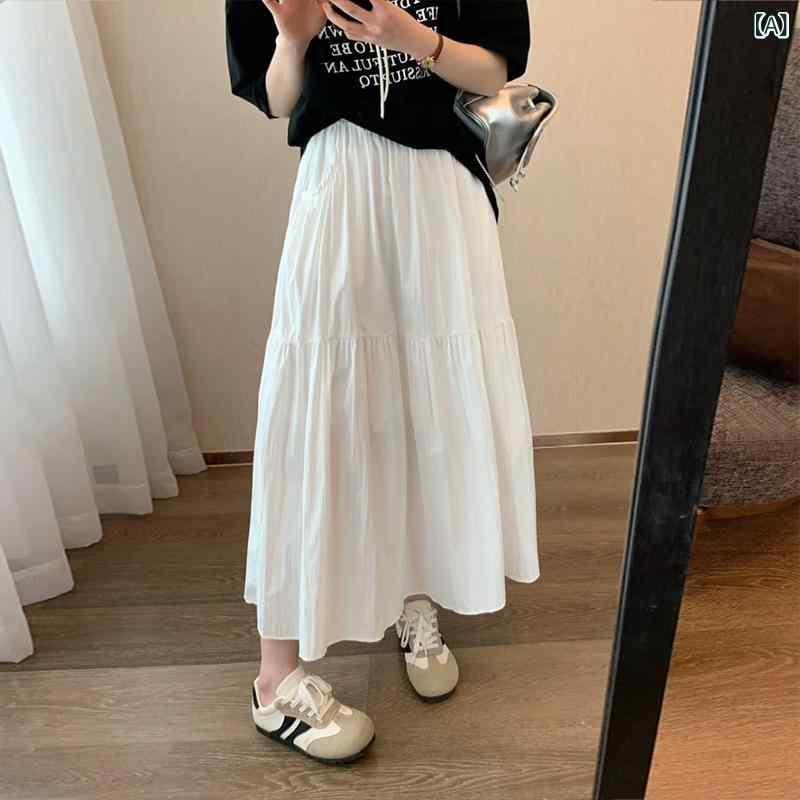 スカート レディース ロング丈 Aライン フレアスカート ポケット付き ハイウエスト ミモレ丈 コットン混 無地 シンプル 体型カバー 着回ししやすい デイリー カジュアル 春秋 通年 ベーシック