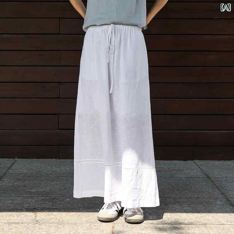 ロングスカート レディース リネン混スカート ハイウエスト フレアスカート Aラインスカート 無地 ロング丈 マキシ丈 ウエストリボン 涼しい 通気性 動きやすい 楽ちん シンプル カジュアル