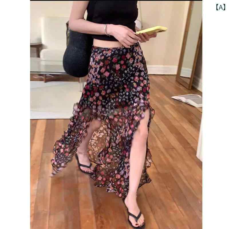 セットアップ レディース 半袖Tシャツ 花柄ロングスカート 2点セット 上下セットアップ パフスリーブ フリル袖 シフォン素材 フラワー柄 ロング丈 ハイウエスト スリット入り 美脚見え 着痩せ お出かけ デート 旅行