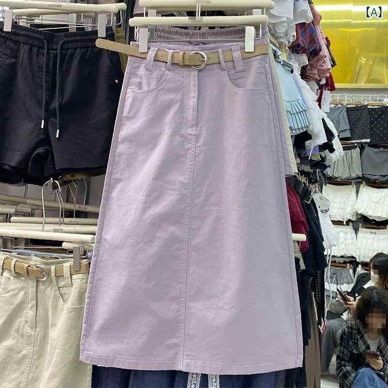 デニムスカート レディース ロング丈 ハイウエスト スリット入り ウォッシュ加工 コットン混素材 Aラインスカート 体型カバー 着痩せ カジュアル 無地 ロングスカート シンプル 動きやすい お出かけ 通勤 通学