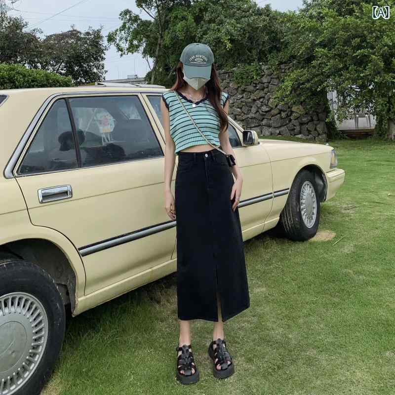 デニムスカート レディース Aライン ハイウエスト ロング丈 スリット入り タイトスカート 膝下 ミディ丈 デニム生地 ヴィンテージ風 美脚効果 スタイルアップ 着回し カジュアル 春夏秋 おしゃれ ボトムス