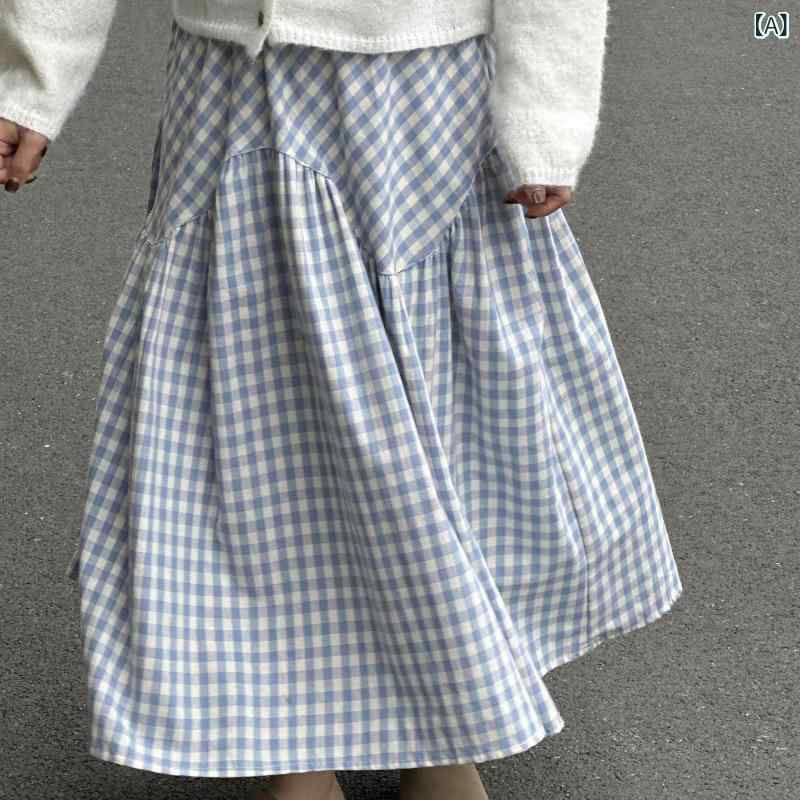 スカート レディース ブルー系 チェック柄 プリーツスカート Aライン フレアスカート ロング丈 ハイウエスト コットン素材 体型カバー 美脚効果 春夏 通勤 通学 お出かけ カジュアル きれいめシルエット