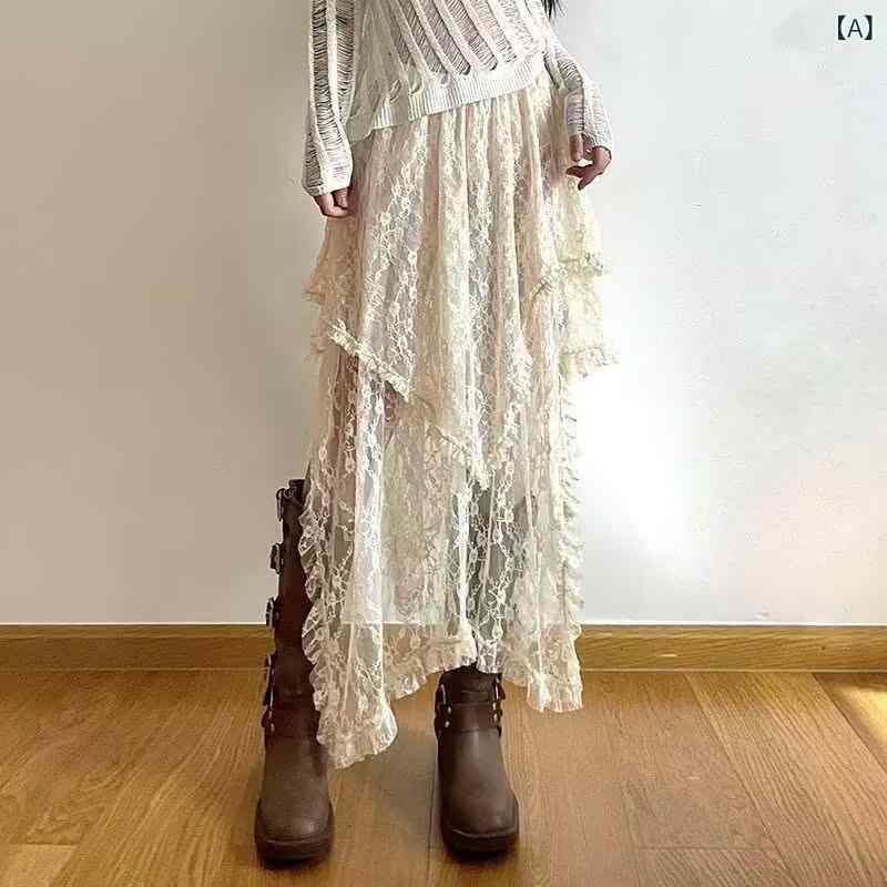 ロングスカート レディース レーススカート アシンメトリー フレアスカート マキシ丈 ボトムス ウエストゴム 大人かわいい エレガント きれいめスタイル お呼ばれ 普段使い レイヤード 重ね着 動きやすい