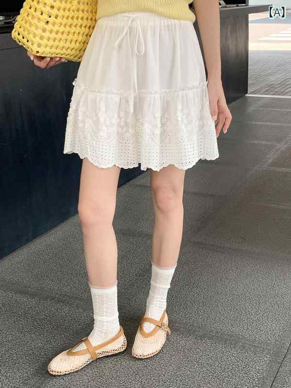 乐天商城 - スカート レディース Aライン コットン素材 花柄刺繍 高腰 リボン ショート丈 通気性 ミニスカート ウエストゴム カジュアル 体型カバー 動きやすい デイリー使い 通勤 通学 お出かけ 夏服