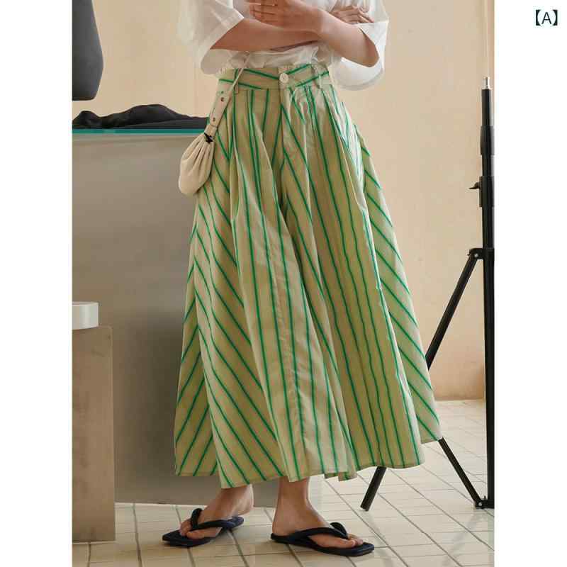 ロングスカート レディース ストライプ Aライン ハイウエスト フレアスカート ロング丈 マキシ丈 ボトムス 体型カバー ウエストゴム 着回ししやすい お出かけ リゾート 大人カジュアル