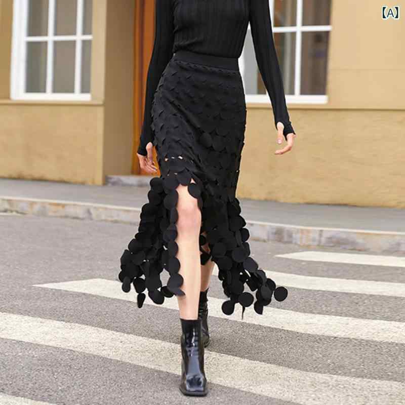 ロングスカート レディース タイトスカート ニットスカート ミモレ丈 スリット入り ドット柄 おしゃれ ウエストゴム 厚手 防寒 暖かい シンプル カジュアル 通勤 通学 お出かけ 冬服 ボトムス 美脚効果 伸縮性