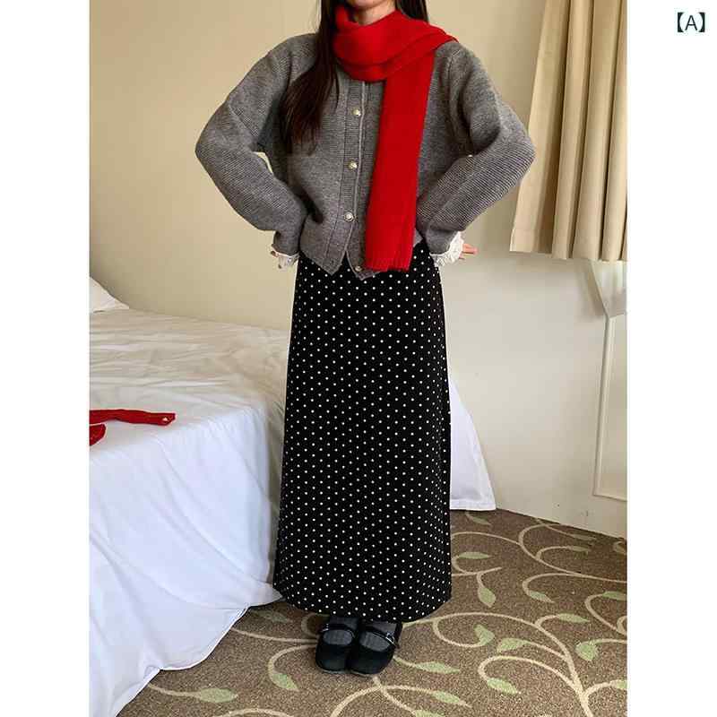 ロングスカート レディース タイトスカート 水玉 ハイウエスト ミモレ丈 スリット入り ペンシルスカート レトロ感 クラシック柄 きれいめシルエット ボトムス 秋冬物 オフィス 通勤 通学 足さばきが良い