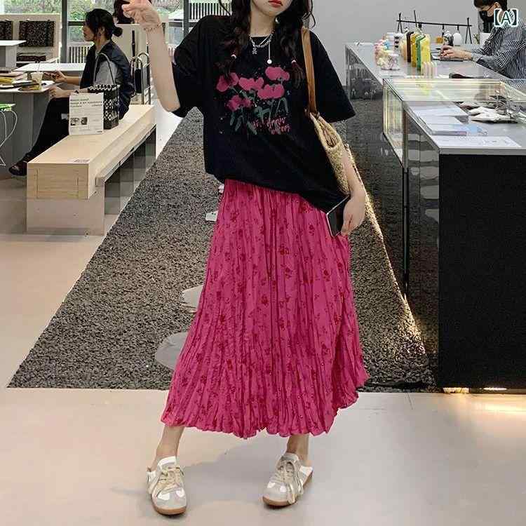 スカート レディース Aライン 膝下丈 フレアスカート プリーツ加工 無地 ピンク ミモレ丈 春夏 大人かわいい 上品 体型カバー 着痩せ シルエット 動きやすい カジュアル フォーマル デイリー