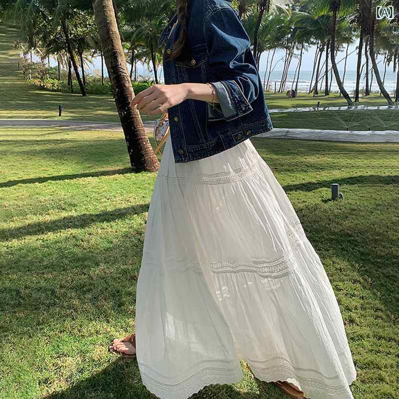 スカート レディース ロング丈 ホワイト Aライン フレアスカート マキシ丈 コットン混 ふんわり ボリューム感 ウエストゴム シンプル きれいめ お出かけ 通学 デート 普段着 動きやすい 体型カバー