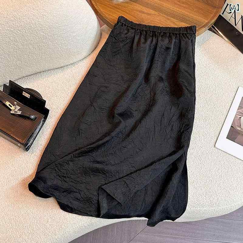 ロングスカート レディース サテン タイトスカート ハイウエスト ミモレ丈 バックスリット 無地 薄手 涼しい 光沢感 伸縮性あり 通気性抜群 着痩せ効果 事務服 通勤 オフィス カジュアル デイリー きれいめ