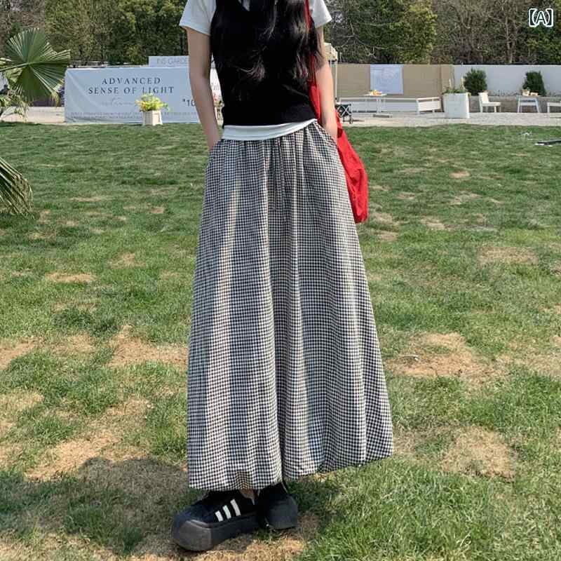 ロングスカート レディース チェック柄 ハイウエスト Aライン 膝下丈 フレアスカート 体型カバー 遮胯 伸縮性 ウエストゴム ロング丈 春夏 秋 ボトムス ナチュラル ゆったり おしゃれ 着回し 軽量